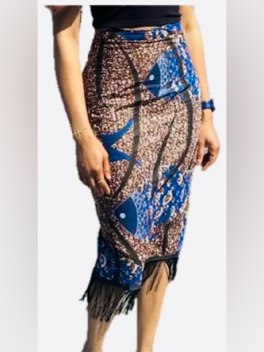 African custom Blue & Brown Patterned Fringe Midi Skirt